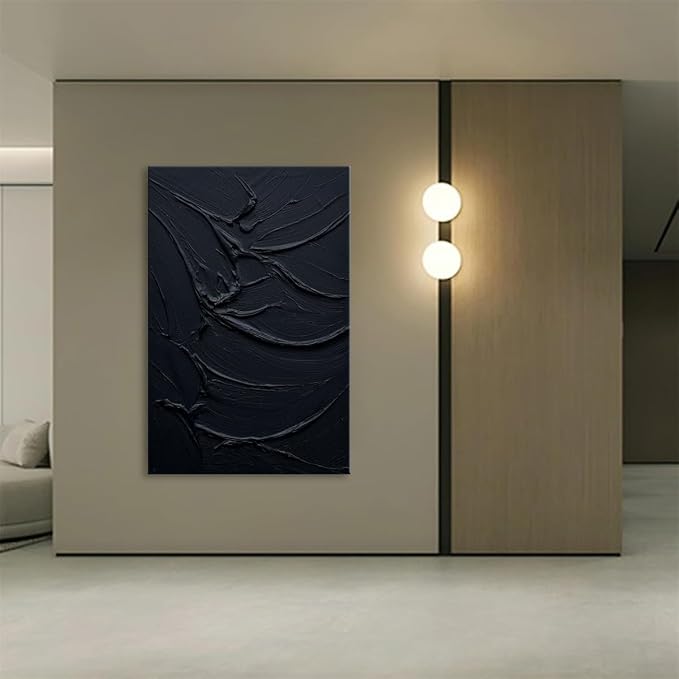 zoinart Hand Painted Thick Texture Black Minimalist Vertical Wall Art 24x36 Inches Black Oil Painting Contemporary Art Oil on Canvas Home Office Corridor Wall Art