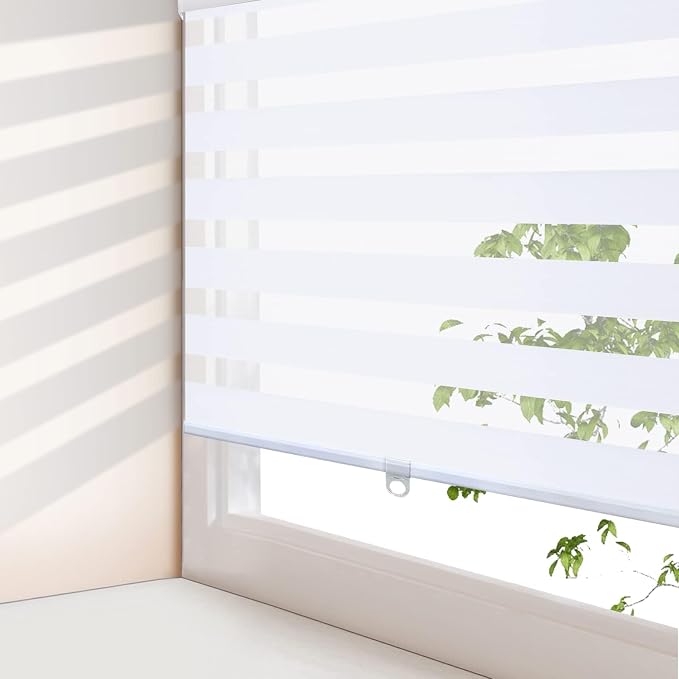 AOSKY Zebra Blinds for Windows Cordless Roller Shades for Home Free-Stop Windows Shades Dual Layer Light Control for Day and Night Easy to Install (44" W X 72" H, White)