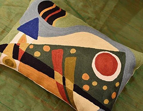 Lumbar Cushion Cover Hand Embroidered Wool 13x21 (Green Composition Lumbar Pillow Cover)