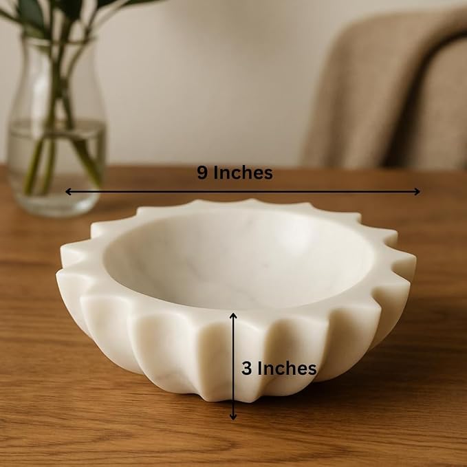 HandCrafted Marble Large Decorative Bowl | White Decorative Bowl for Home Decor | Fruit Bowl | Key/Ring Dish | Coffee Table Bowl | Fluted Scalloped Catch All Bowl for Entryway | Ideal Gift (9 Inches)