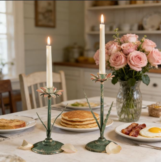 Vintage Lotus Flower Taper Candle Holders Set of 2, Distressed Green Metal Candlestick Stands with Pink Floral Design, Rustic Farmhouse Tabletop Centerpiece for Wedding, Dining & Home Decor