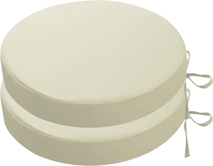 SK Studio Round Outdoor Chair Cushions for Patio Furniture, Set of 2 Waterproof Patio Chair Cushion with Adjustable Ties for Garden Sofa Couch, Beige, 18"x18"x2"
