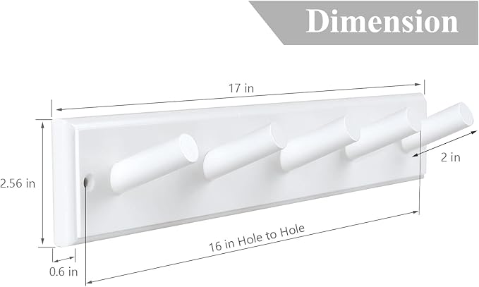 Wood Coat Rack Wall Mounted, 16'' Hole to Hole Wooden Peg Rail for Wall Hangers, 5 Pegs Bamboo Wall Hook for Hanging Towels Hats Robes Clothes Keys, White