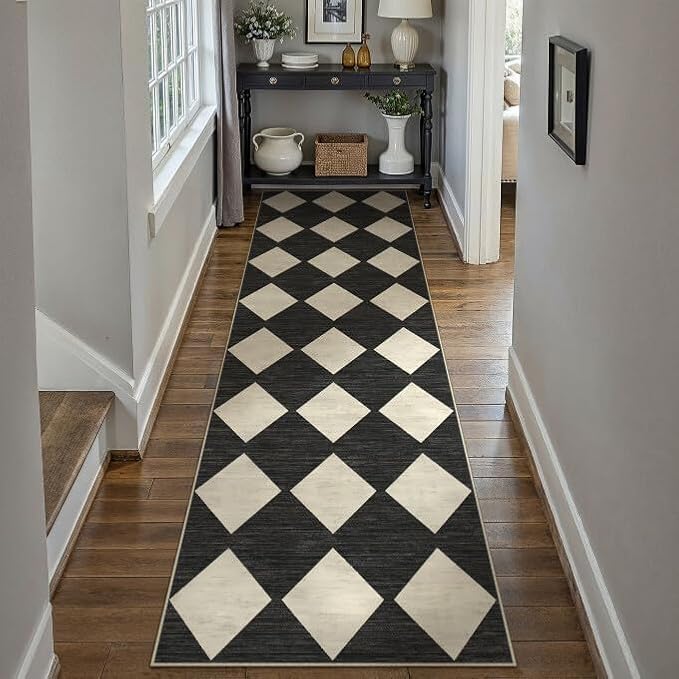 PureCozy Checkered 2'6x10 Runner Rug for Hallways Black and White Washable Long Carpet Non-Slip Low Pile Modern Soft Indoor Accent Throw Rugs for Entrance Kitchen Bedroom Dining Laundry