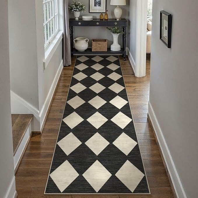 PureCozy Checkered 2'6x8 Runner Rug for Hallways Black and White Washable Long Carpet Non-Slip Low Pile Modern Soft Indoor Accent Throw Rugs for Entrance Kitchen Bedroom Dining Laundry