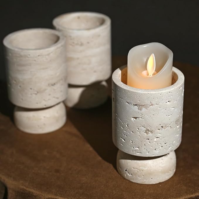 Farmhouse Travertine Pillar Candle Holder, Natural Stone Candlestick Decor | French Centerpieces for Table, Elegant Home Decor, Anniversary Weddings Gift