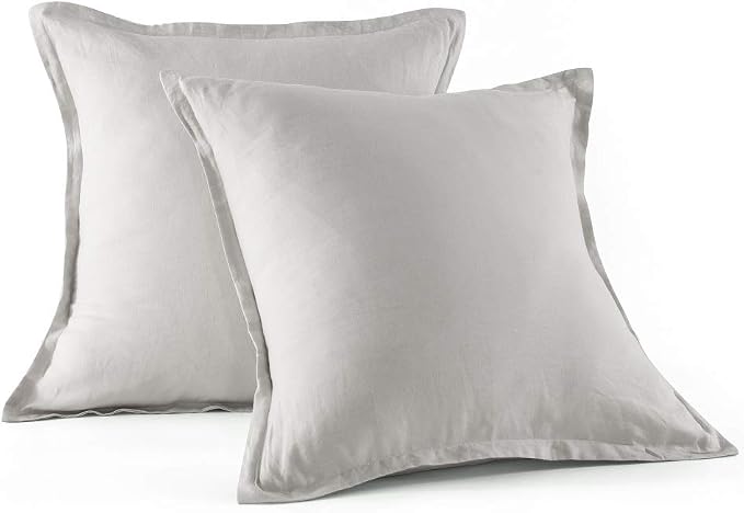 meadow park Stone Washed French Linen European Pillow Shams, Set of 2 Pieces, 26 inches x 26 inches Square Euro Sham, Super Soft, 1 inches Flange, Silver Grey Color