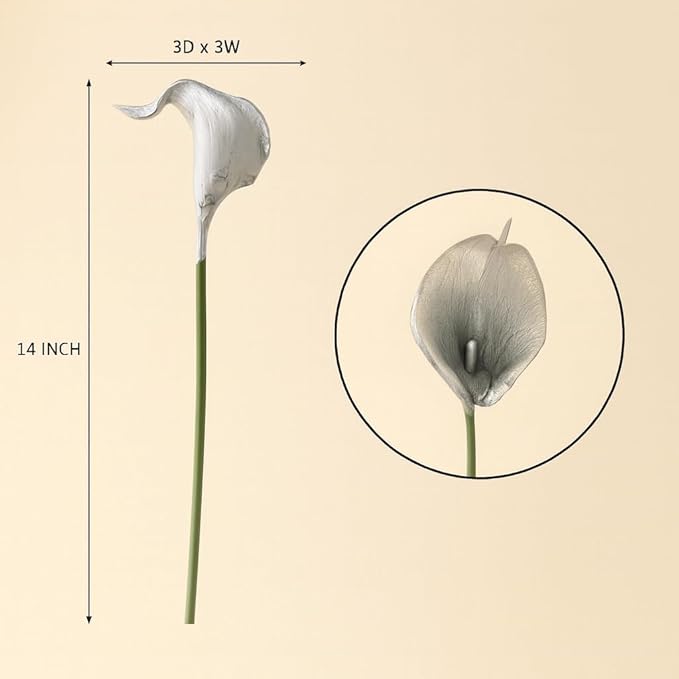 Floral Kingdom 20 Pack Artificial Calla Lily Flowers 14 Inch Silver Real Touch Faux Calla Lilies for Home Decor, Table Centerpieces, Living Room & Weddings