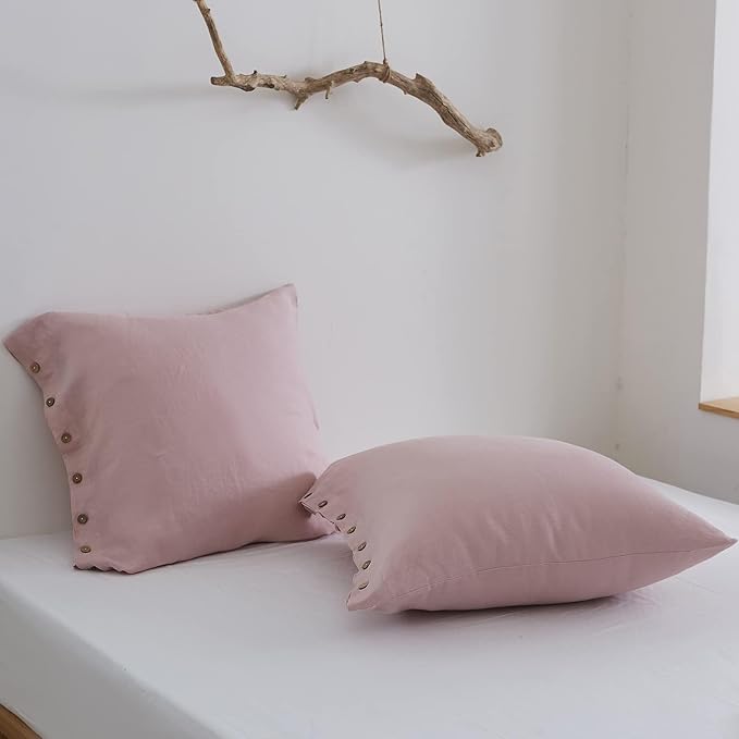Simple&Opulence 100% Washed Linen Euro Sham Cover, 26 x 26 Inch, Decorative Bed Pillow Cover with Coconut Button, Solid Color Pillow Shams Set of 2 (Blush Pink)