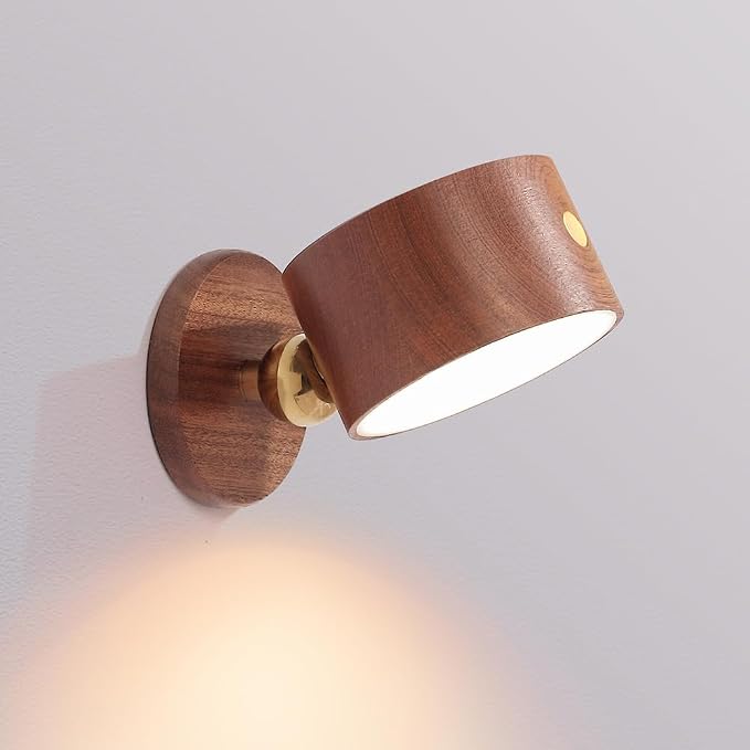 LANDGOO Wood Wall Sconce, Sapele Wood Magnetic 360° Rotatable Cordless Bedside Lamp Set, Rechargeable & Dimmable LED Lights with Touch Control, Wireless Wall Mount for Bedroom