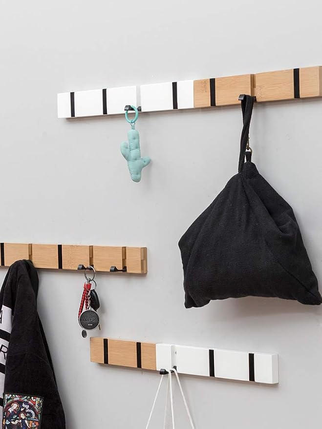 KYSMOTIC 2 Pack Wooden Wall Mounted Folding Rack, Modern Wall Floating Coat Hook Rack Space– Natural 6 Hooks