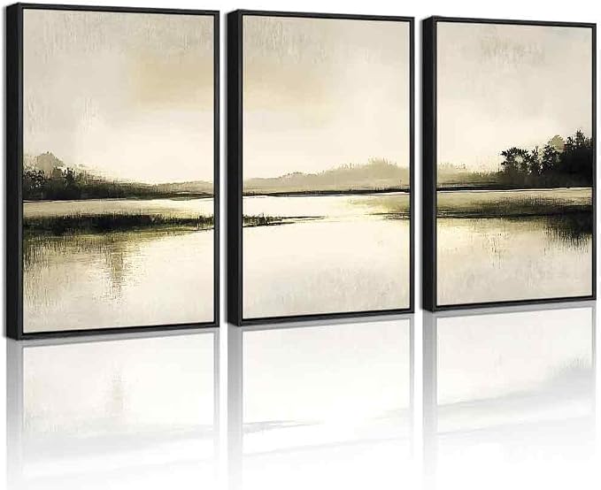 PHOPAGO Abstract Lake Landscape Framed Wall Art Watercolor Nature Wilderness Paints Nordic Neutral Tan Illustration Decorative - 12x16in Black Framed