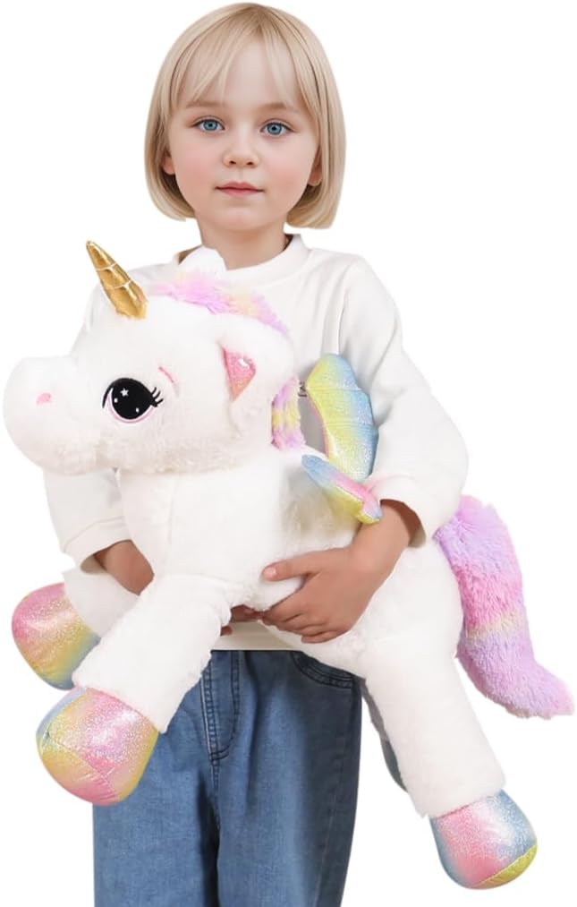 FFxiong 24 Inch Big Unicorn Stuffed Animal Plush Toy Pillow, Cute Soft Giant Unicorn with Rainbow Wings Large Doll, Gift for Children Girls Boys Kids Valentine Birthday Christmas