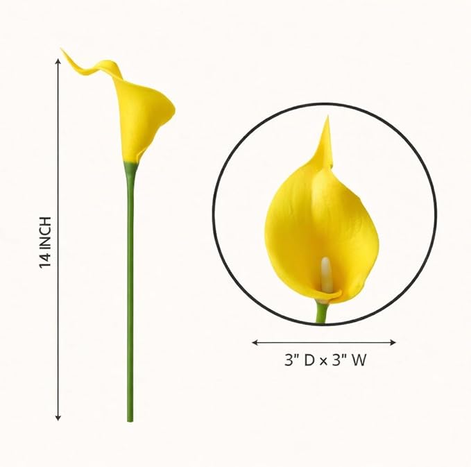Floral Kingdom 20 Pack Artificial Calla Lily Flowers 14 Inch Yellow - Real Touch Latex Flowers for Home Decor, Kitchen Counters, Breakfast Nooks & Weddings