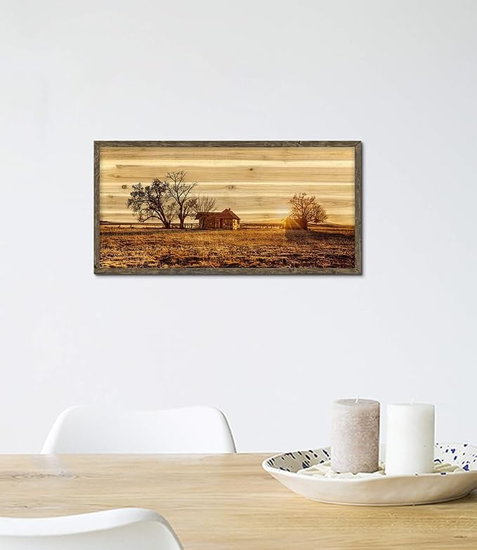 Bedroom Framed Wall Art Picture: Farmhouse Country Barn Wooden Painting Living Room Horizontal Nature Landscape Sunset View Print Long Panoramic Rustic Farm Cabin Sunrise Scene Artwork for Home
