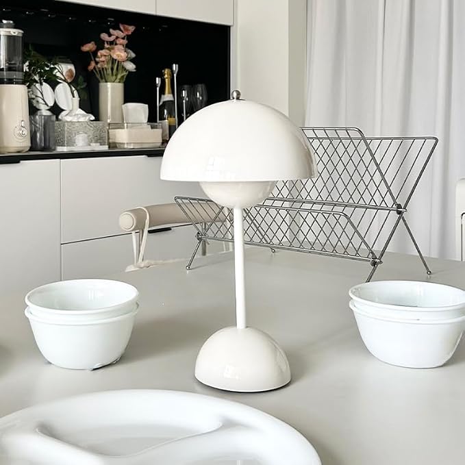 Modern Flower Bud Lamp 12" Cordless Touch Lamp Dimmable 2600mAh Rechargeable Desk Lamp Nordic Minimalist Mushroom Lamp Nightstand Bedside Lamp for Bedroom Living Room(Gloss White) No Reading Light