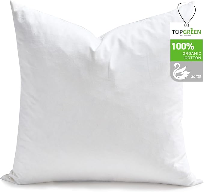 TOPGREEN Feathers Down Pillow Inserts 30x30, Euro Pillow Insert with 100% Organic Cotton Shell, Soft Decorative Throw Pillow for Living Room, Sofa, Couch, or Bed (White)