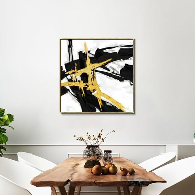 Sofoney Gold Framed Black & Gold Abstract Wall Art, 24"x24" | Hand Painted Texture, Gold Foil, Modern Brushstroke Canvas, For Living Room Bedroom Office