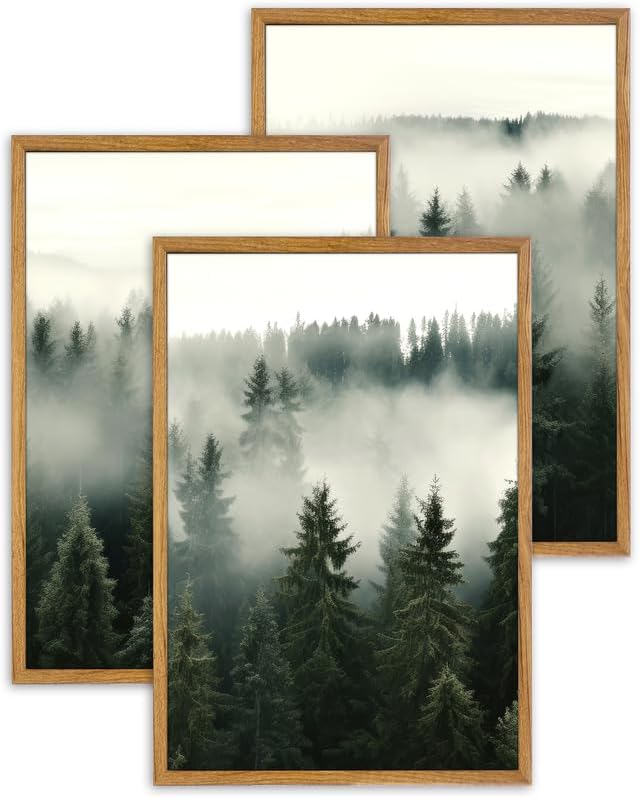 UPWOIGH Foggy Forest Framed Wall Art, 16 x 24 Inch, Set of 3 | Misty Evergreen Forest Triptych Prints, Moody Nature Design, Warm Wood Frames for Bedroom, Office and Living Room