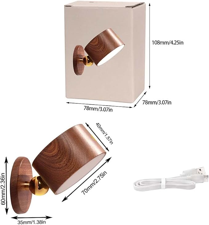 LANDGOO Wood Wall Sconce, Sapele Wood Magnetic 360° Rotatable Cordless Bedside Lamp Set, Rechargeable & Dimmable LED Lights with Touch Control, Wireless Wall Mount for Bedroom