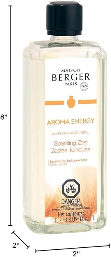 Maison Berger Sparkling Zest Lampe Berger Refill, 1 Liter (33.8 fl oz), 2-in-1 Catalytic System, Neutralizes Odors and Diffuses Fragrance, Lemon, Orange, Grapefruit, Made in France