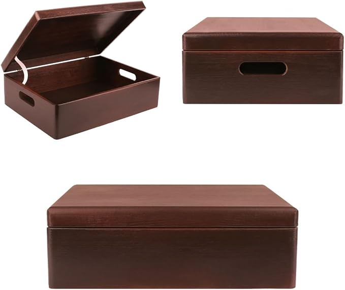 Creative Deco XL Brown Wooden Box Storage with Hinged Lid | 15.8x11.8x5.5in (+-0.5) | Keepsake with Handles | Decorative Gift Box for Tool Toy Kitchen Storage | Acacia-Like Wood Chest Trunk