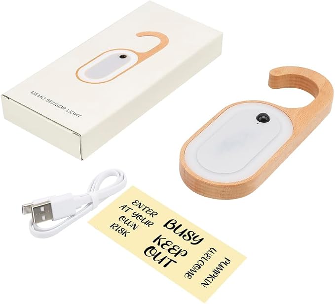 Hotel Door Sign Night Light with Motion Sensor, Reusable Message Board Doorknob Lamp, Wooden Finish LED Light for Bedroom Bathroom, Rechargeable Hook Design, 1-Pack