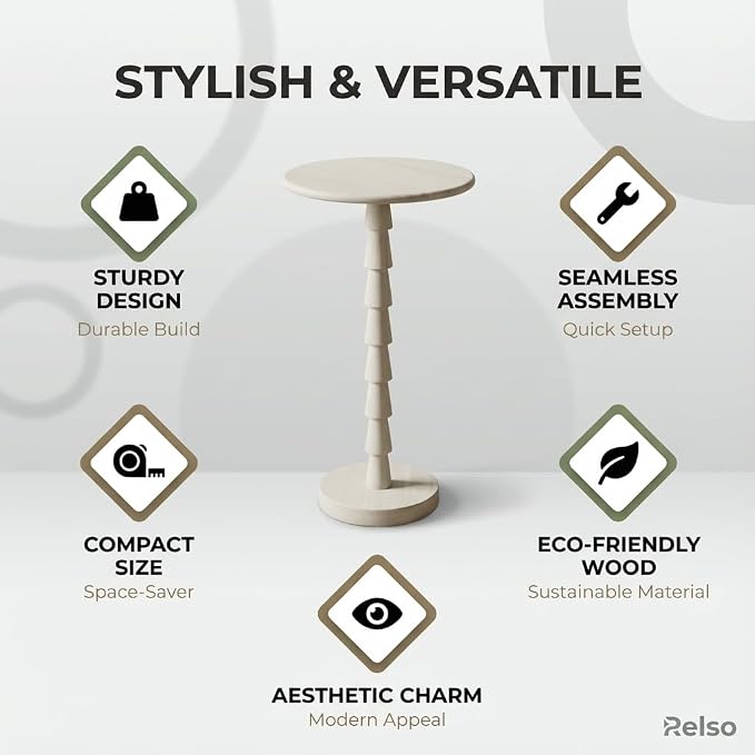 Relso Sakala Solid Mango Wood Drink Table - 24" High, Stylish Pedestal Design, Versatile End Table for Living Room, Bedroom, Nightstand, Compact Plant Holder, Modern Minimalist, Indoor Outdoor Use