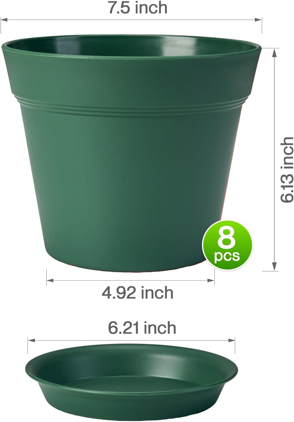 homenote Plant Pots,7.5 Inch Flower Pots for Plants Plastic Planters for Indoor with Multiple Drainage Holes and Trays, for All Home Garden Flowers Succulents,Outdoor(Green,8 Pack)