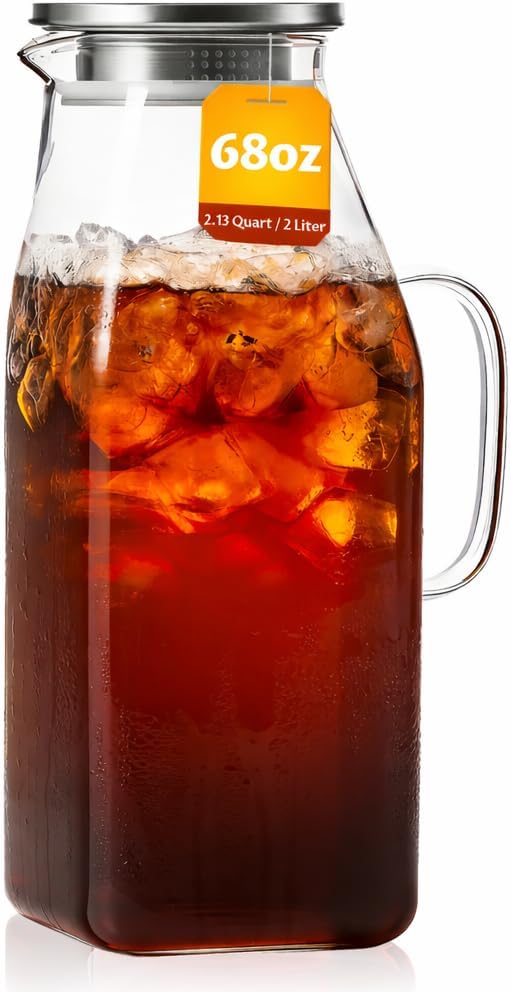 68oz Borosilicate Glass Pitcher with Lid and Handle – Square Water Carafe with Filter Spout for Hot & Cold Drinks, Iced Tea, Juice, and Fridge Storage