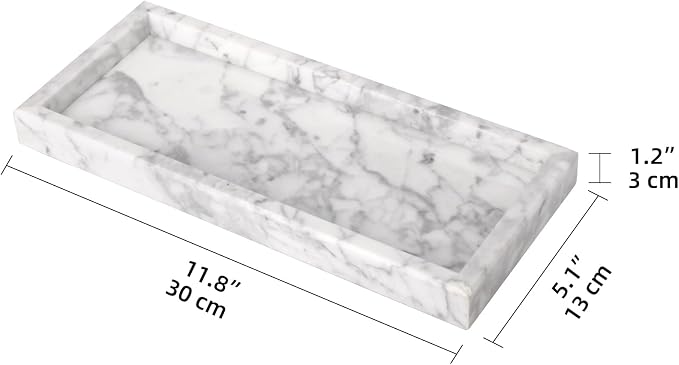 Marble Bathroom Vanity Tray, Natural Luxury Vanity Home Kitchen Bathroom Table Tray, Stone Decorative Countertop Dresser Trays for Key Coffee Perfume Jewelry Makeup (Carrara White, 12"x 5" x1.2")