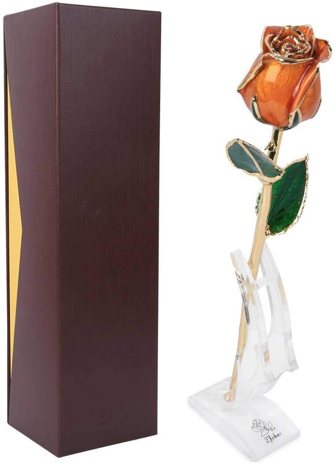 Valentines Day Rose 24k Gold Dipped Rose Forever Preserved Rose Flower with Display Stand for Her Wife Mother Girlfriend on Anniversary Birthday Christmas, Orange