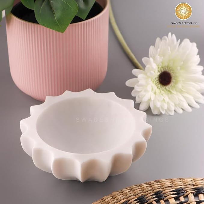 HandCrafted Marble Large Decorative Bowl | White Decorative Bowl for Home Decor | Fruit Bowl | Key/Ring Dish | Coffee Table Bowl | Fluted Scalloped Catch All Bowl for Entryway | Ideal Gift (12 Inches)