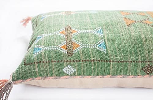 Extra Long Lumbar Pillow Cover (12 X 28 inches) | Hand-Woven Cactus Silk Green Pillow Linen Cover | Rustic Décor Bohemian Cushion Cover | Farmhouse Cotton Pillow Case | Decorative Throw Pillow Dress