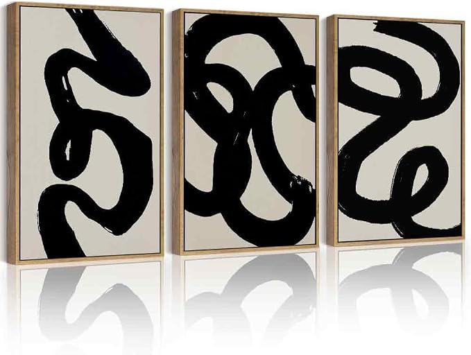 PHOPAGO Black Abstract Modern Framed Wall Art Large 16x24in Ink Wash Minimalist Thick Black Lines Paints Artwork Bedroom Living Room Home Decor - Natural Framed