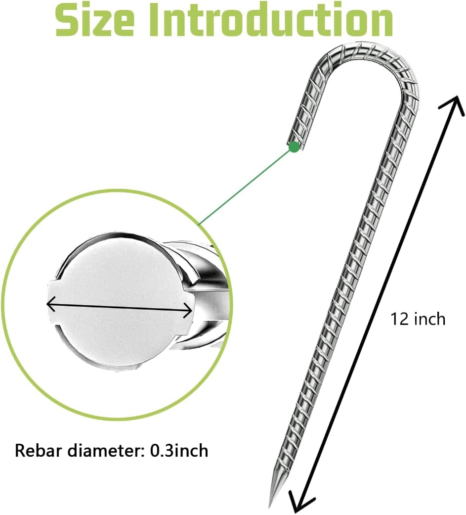 Rebar-Stakes-12-Inch, Ground Stakes Heavy Duty J-Hook Galvanized Anti-Rust Heavy Duty Ground Anchors for Garden Dog Fence Chicken Coop Christmas Decorations Deer Fence 10pcs