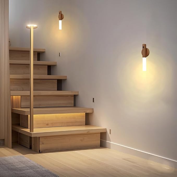 LANDGOO Wooden Motion Sensor RGB Night Light, RGB Ash Wood, 2Pcs | Indoor, Magnet Body, Rechargeable LED, Wireless Battery Operated, Wall Sconce