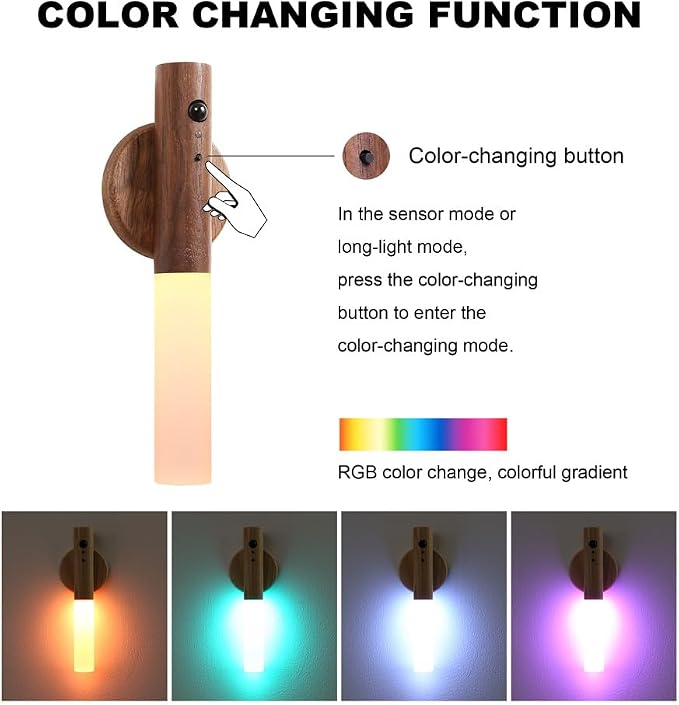 LANDGOO Wooden Motion Sensor RGB Night Lights Indoor, Magnet Body Hallway Rechargeable LED Wireless Battery Operated Wall Sconce (1, RGB Walnut Wood)