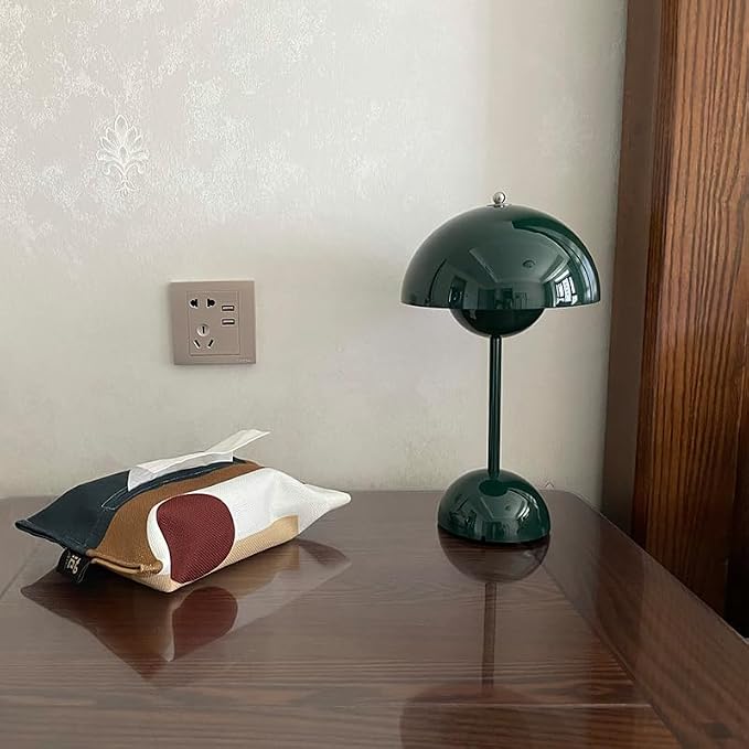 Modern Flower Bud Lamp 12" Cordless Touch Lamp Dimmable 2600mAh Rechargeable Desk Lamp Nordic Minimalist Mushroom Lamp Nightstand Bedside Lamp for Bedroom Living Room(Dark Green) No Reading Light