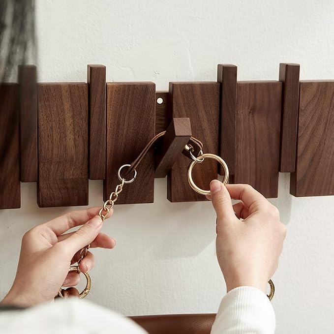 Wood Coat Rack Wall Mount - Large Walnut Piano Coat Rack wtih 5 Hooks for Hanging Clothes,Keys,Robes,Purse,Towels,Modern Decorative Wall hooks Heavy Duty Hanger Organizer for Bathroom/Bedroom/Entryway