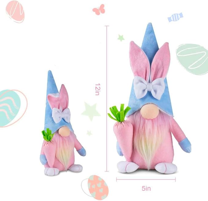 Eimilaly Easter Bunny Gnomes for Pink Blue Decorations, Tomte Gnomes Set Ornaments for Garden or Easter Theme Party Gnome Decor - 2PCS