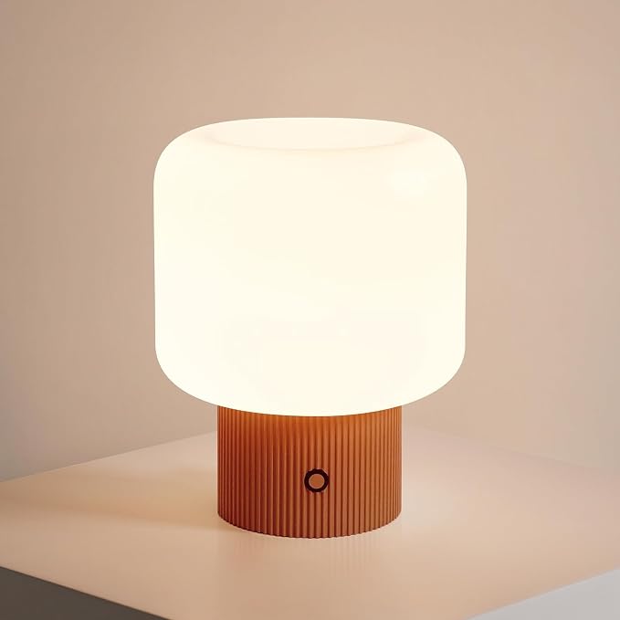 MAGCHARM Halo Mushroom Lamp, 5W Cute Cordless Rechargeable Table Lamp with Glass Shade, 3-Color Dimmable Small Retro Touch Bedside Lamp for Bedroom Ambient Decor (Orange)