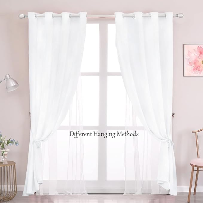 Winter White Curtains Double Layered Solid and Sheer Window Treatment Panels Pair with Grommet Top for Living Room Patio Door, 52 x 96 inches, Winter White, 2 PCs