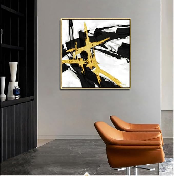 Sofoney Gold Framed Black & Gold Abstract Wall Art, 24"x24" | Hand Painted Texture, Gold Foil, Modern Brushstroke Canvas, For Living Room Bedroom Office