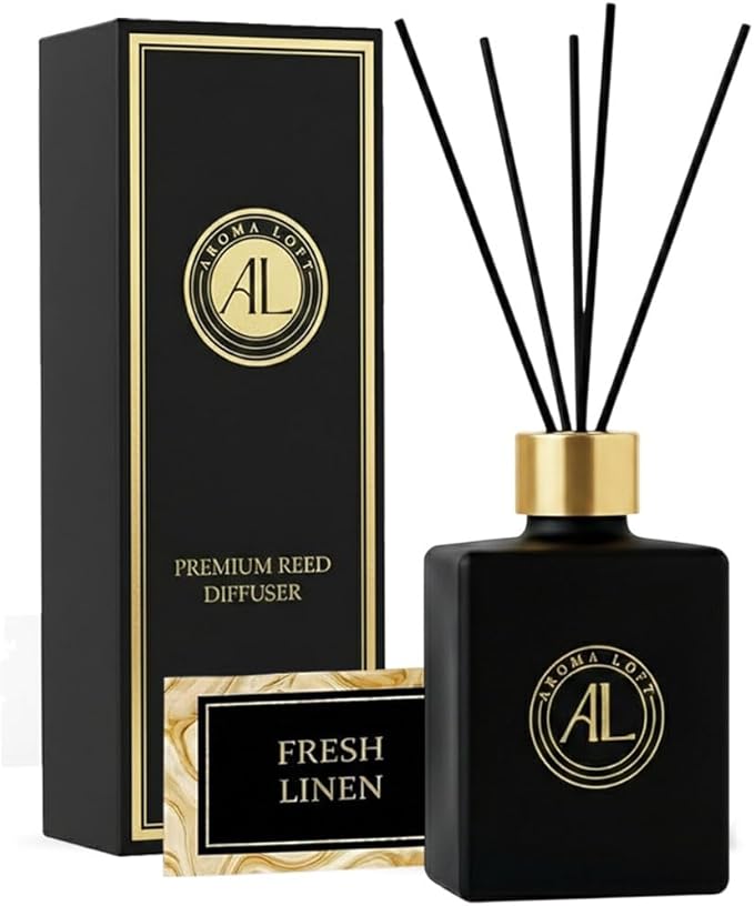 Reed Diffuser - Fragrance Diffuser for Home - 5 oz. Oil Diffuser Sticks - Bathroom Diffuser Set- Oil Diffuser Reeds - Scent Sticks in Oil-Office Smell Good Stuff (Black, Fresh Linen)