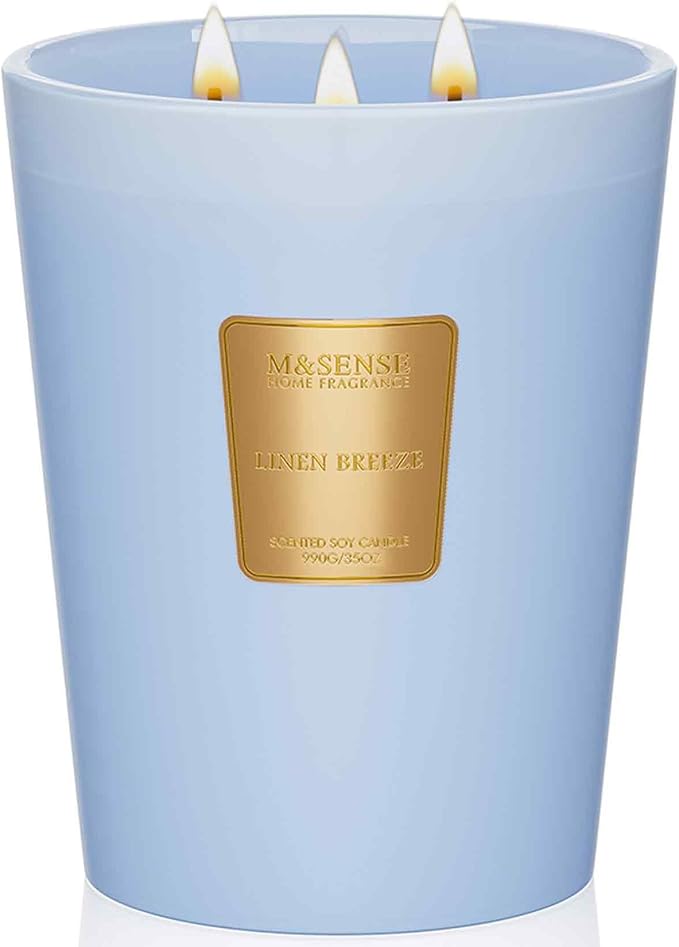 M&SENSE Linen Breeze Soy Candle, 35oz 3-Wick, Fresh Home Decor | 150H Long Burn, Non-Toxic, Large Jar, Cleaning Air Purifying Odor Eliminator Home Fragrance, Relaxation Housewarming Gift