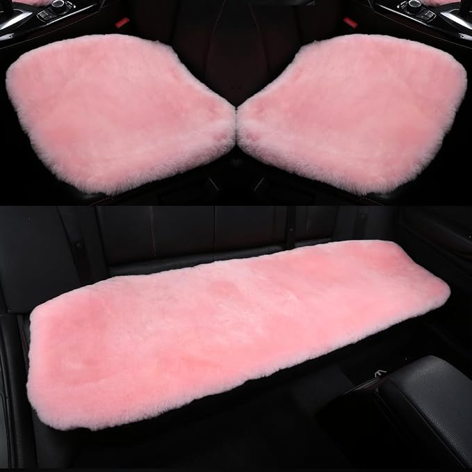 OGLAND Fuzzy Genuine Sheepskin Car Rear Seat Cover for Women Kids Dogs Pets Auto Bench Back Cushion Interior Accessories with Soft Fluffy Wool Natural Fur, Pink
