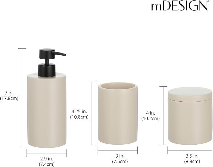 mDesign Resin 3-Piece Bathroom Vanity Countertop Accessories - Soap Dispenser, Tumbler Rinsing Cup, and Canister Holder Sets - Complete Modern Counter Aesthetic - Set of 3 - Taupe/Beige