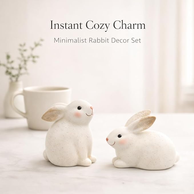 GoGnome Set of 2 Resin Easter Bunny Figurines – Speckled Ivory Rabbit Decor, Hand-Painted Spring Home Accents for Shelf, Mantel & Tabletop Easter Decoration Indoor (Off White)
