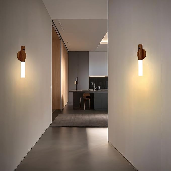 LANDGOO Wooden Motion Sensor RGB Night Lights Indoor, Magnet Body Hallway Rechargeable LED Wireless Battery Operated Wall Sconce (RGB Walnut Wood 2Pcs)